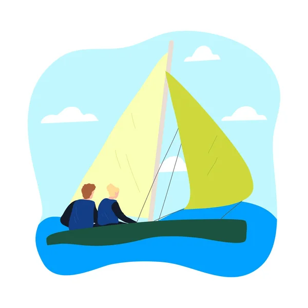 Couple in special costumes sitting in sailboat and enjoying trip under sail — Stock Vector