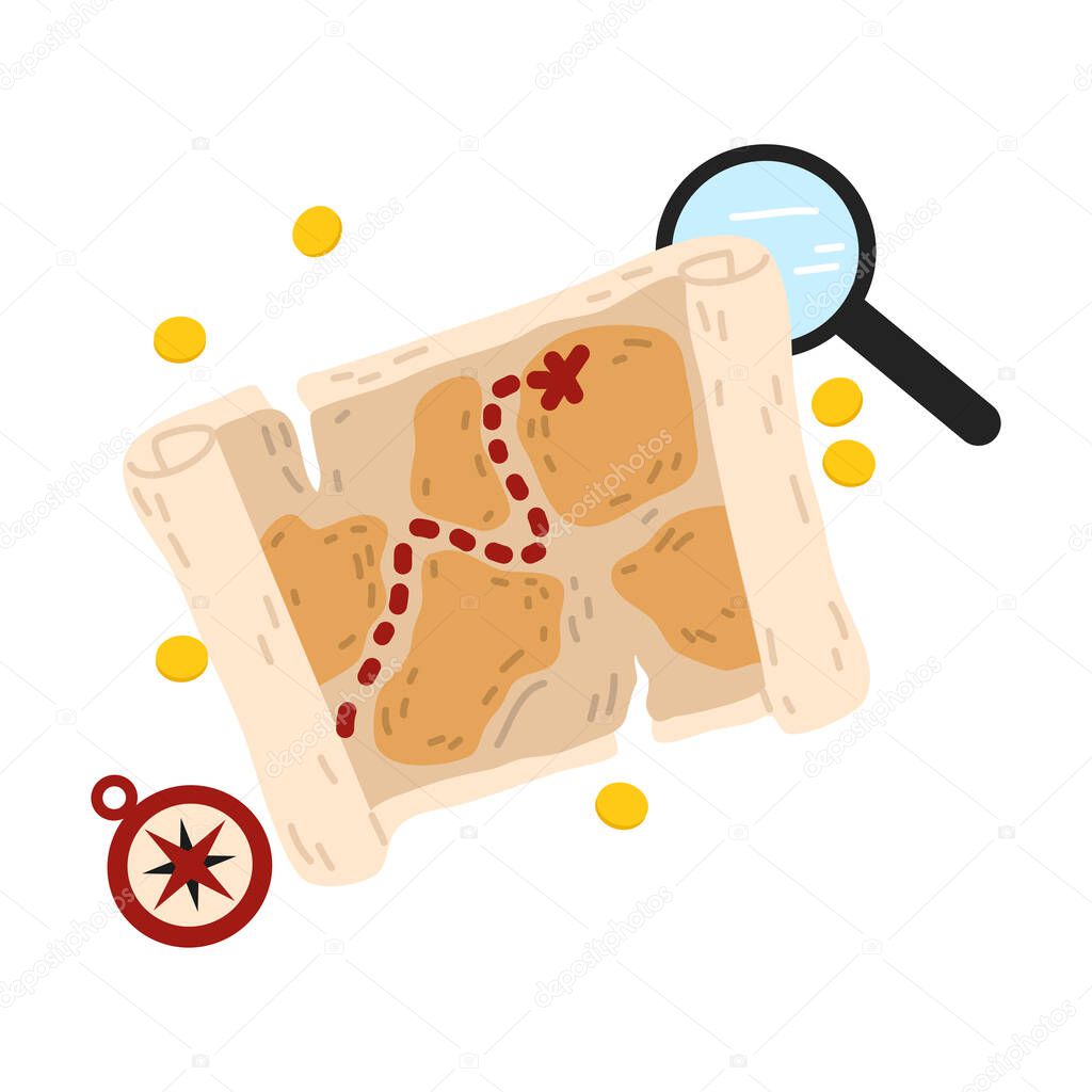 Pirates map with routes, compass and magnifier vector illustration