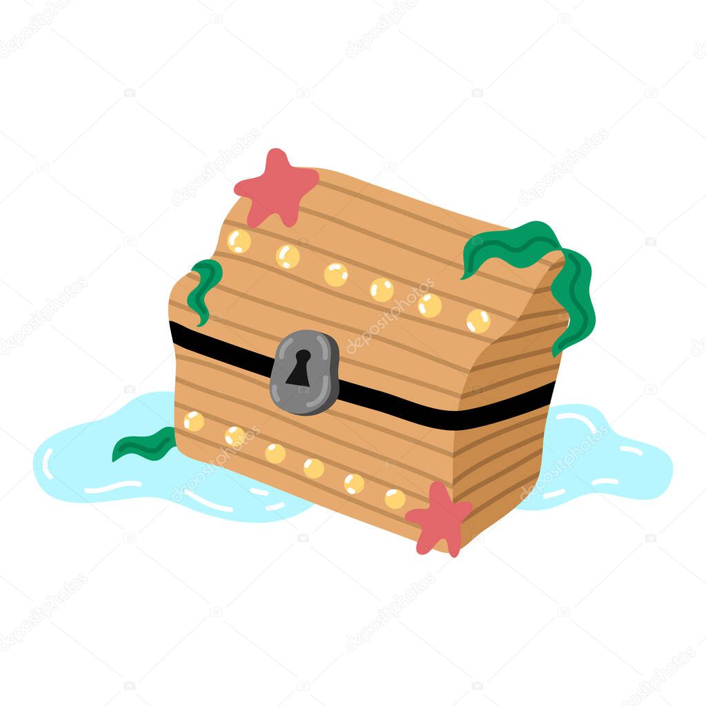 Pirates wooden treasure chest on sea bottom vector illustration