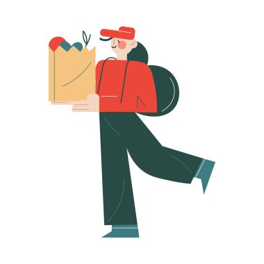 İş üniformalı kurye müşteriye taze yiyecek getiriyor.