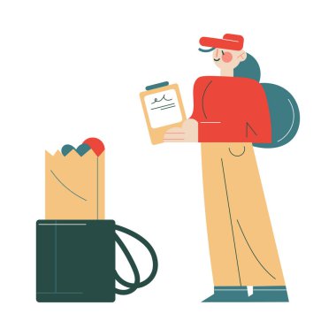 İş üniformalı bir kurye müşterinin evine taze yiyecek ve içecek getiriyor.