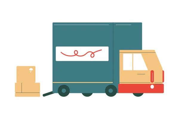 Grande camion per la consegna di ordini in scatole alle case dei clienti — Vettoriale Stock