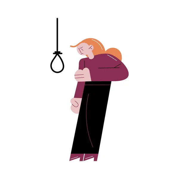 Vrouw die lijdt aan depressie en denkt aan zelfmoord en zichzelf ophangt — Stockvector