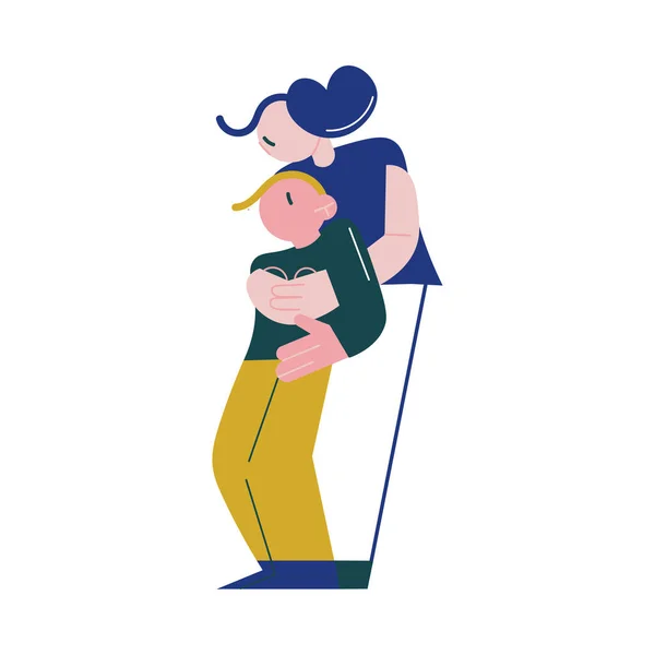 Kadın koltuk altları arasında duruyor ve yaralı çocuğun taşınmasına yardım ediyor. — Stok Vektör
