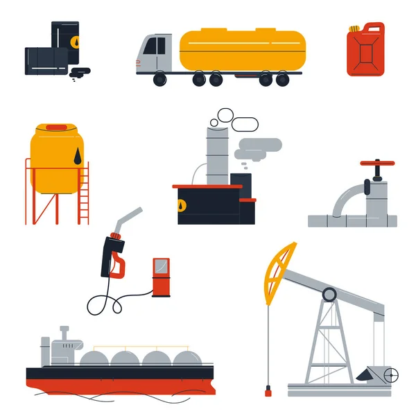 Conjunto de ferramentas de transporte, equipamentos e fábricas envolvidas na produção de petróleo —  Vetores de Stock