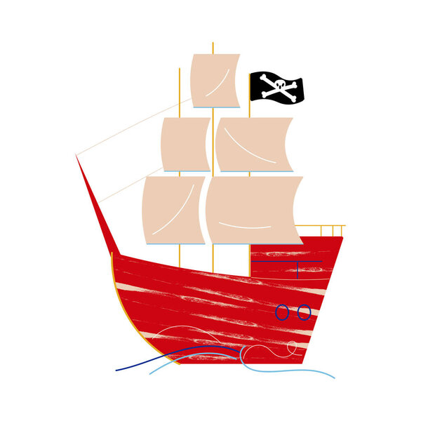 Деревянный пиратский корабль с традиционным черным скелетом, пересекающим море