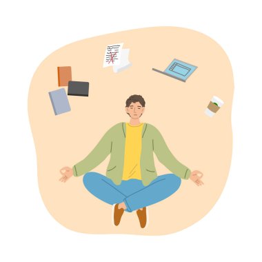 Adam konsantre olmaya çalışıyor ve çalışmayı, makaleleri ve meditasyonu düşünmemeye çalışıyor.