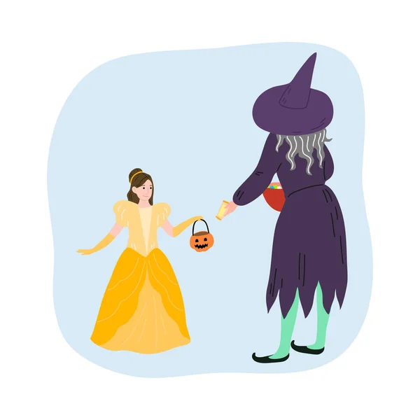 Cadılar Bayramı için sarı peri kostümlü gülen kıza şeker veren cadı. — Stok Vektör