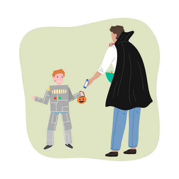 Άνδρας με στολή που δίνει γλυκά στο χαμογελαστό αγόρι με στολή ρομπότ για το Halloween — Διανυσματικό Αρχείο