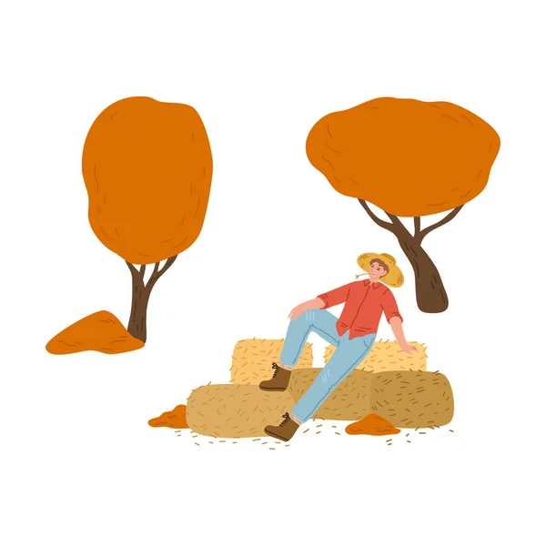 Человек отдыхает на стоге сена во время уборки осенью на природе — стоковый вектор