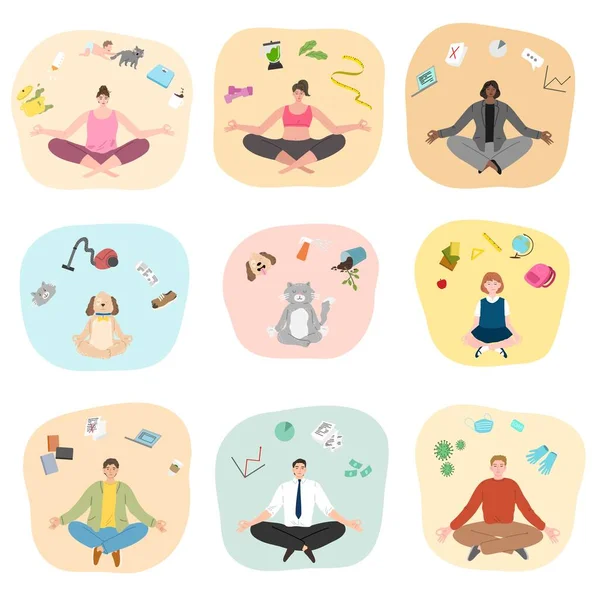 Emberek és állatok csoportja próbál koncentrálni és meditálni — Stock Vector