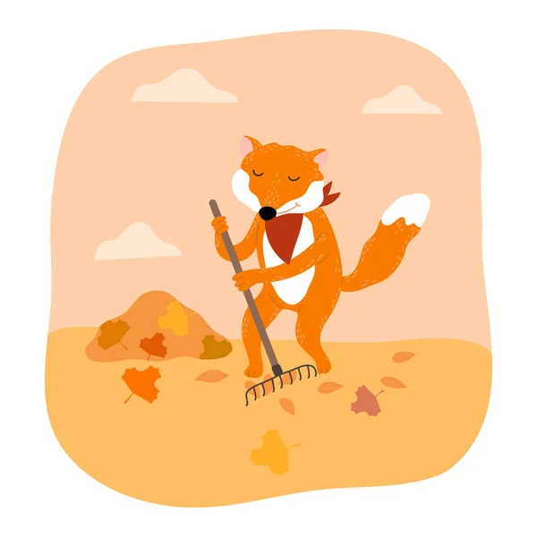 Червона лисиця косить сіно з косою під час збору врожаю восени — стоковий вектор