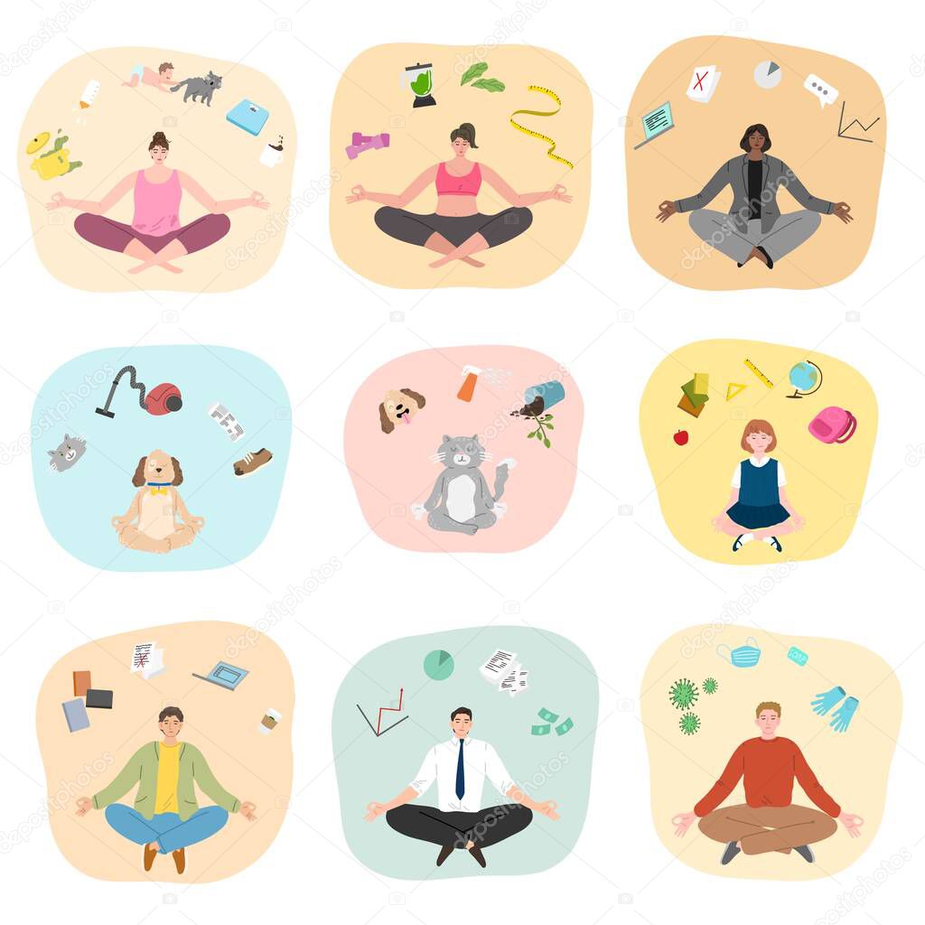 Set of people and animals trying to concentrate and meditating