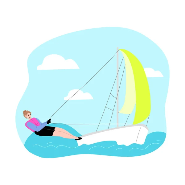 Junge Frau in speziellem Kostüm reitet Segelboot mit Wind — Stockvektor