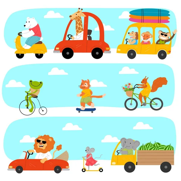 屋外で様々な車に乗るさまざまな面白い動物のセット — ストックベクタ