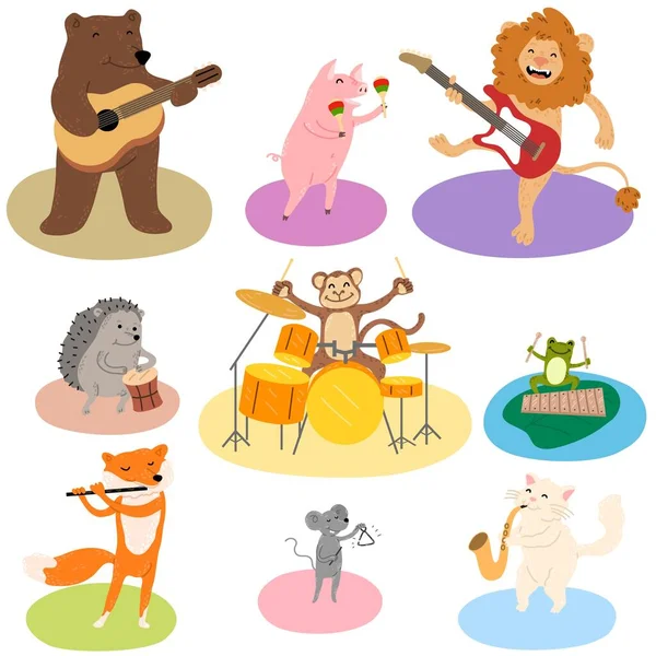 さまざまな楽器を演奏するさまざまな面白い動物のセット — ストックベクタ