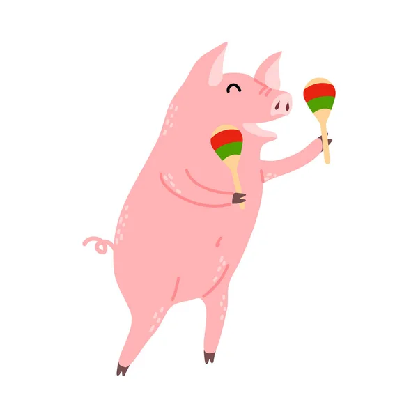Pozytywna różowa świnia stojąca i grająca w marakasy — Wektor stockowy