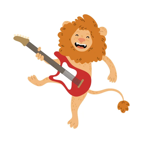 León marrón positivo de pie y tocando la guitarra eléctrica — Vector de stock