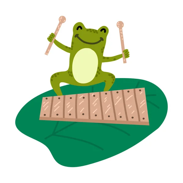 Positiv grön groda sitter och spelar xylofon — Stock vektor