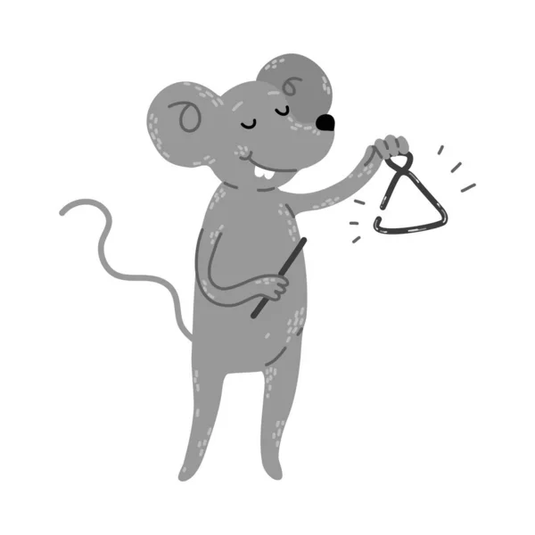 Pozytywny szary mysz stojąc i grając ludowy trójkąt wektor ilustracja — Wektor stockowy