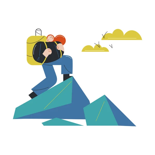 Frau mit Rucksack wandert und klettert natürliche Hügel und Berge — Stockvektor