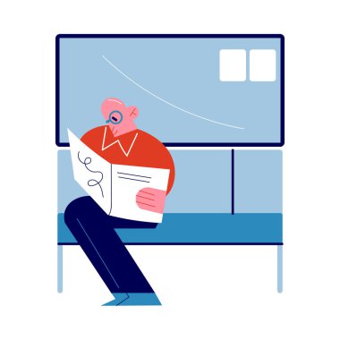 Metro vagonunda oturan ve pencerenin yanında gazete okuyan bir adam.