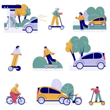 Yeşil şehirde insanlar scooter, bisiklet ve benzin arabalarını seviyorlar.