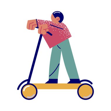 Yeşil şehirde ekolojisi bozuk scooter sürmekten zevk alan bir çocuk.