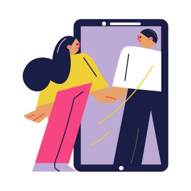 Akıllı telefondan iletişim kuran ve flört eden genç çift.