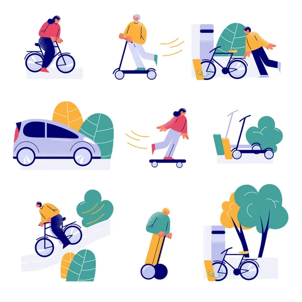 친환경적 인 친환경 도시에서 스쿠터와 자전거타기를 즐기는 사람들 — 스톡 벡터