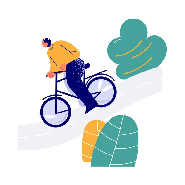 Giovane uomo in bicicletta in discesa in città verde — Vettoriale Stock