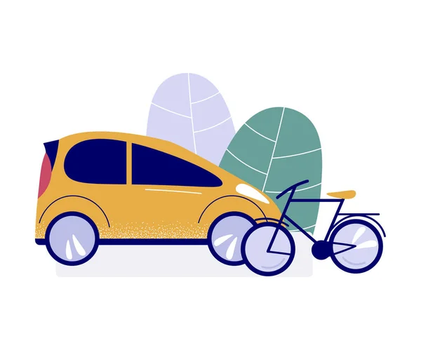Voiture à essence et vélo garés près des arbres dans la ville verte — Image vectorielle