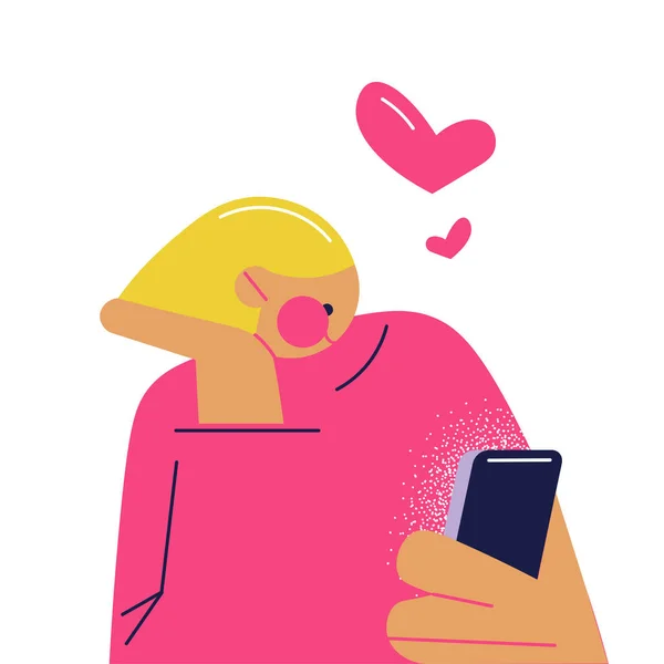 Young shy woman communicating and dating online in chat on her smartphone — Stock Vector