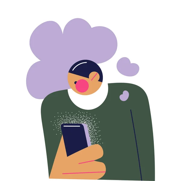 Giovane timido uomo comunicare e incontri online in chat sul suo smartphone — Vettoriale Stock
