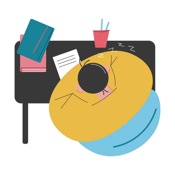 Top view of man sitting at desk during homework and sleeping — Stock Vector