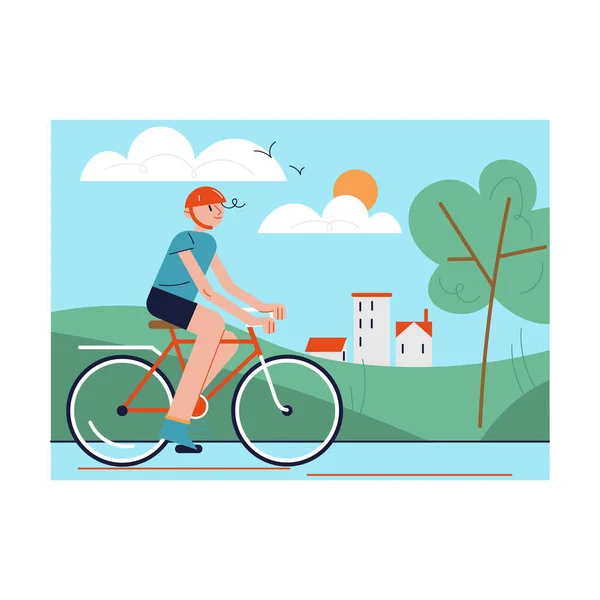 Человек в шлеме катается на велосипеде летом в жаркий ясный день — стоковый вектор