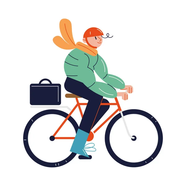 Homme en vêtements chauds et casque vélo d'équitation en hiver au bureau — Image vectorielle