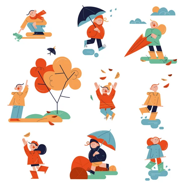 Conjunto de niños caminando, jugando y disfrutando del tiempo durante el otoño — Vector de stock