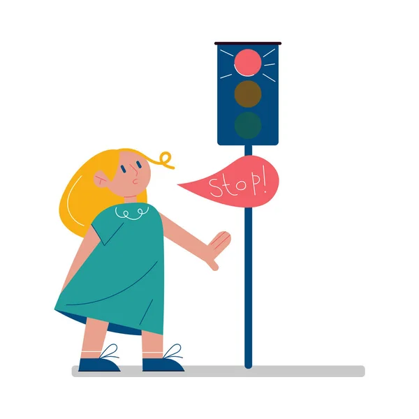 Chica mirando el semáforo prohibitivo rojo y memorizando la señal de regla de tráfico para detener — Archivo Imágenes Vectoriales
