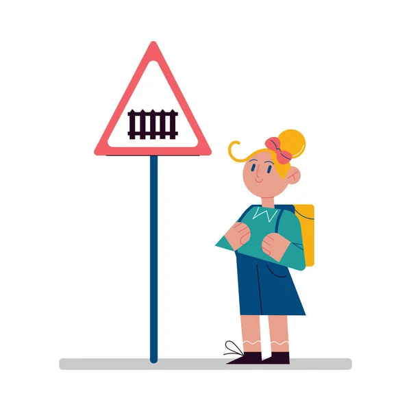 Lány néz szintjelző tábla sorompóval és memorizáló közlekedési szabály jel — Stock Vector