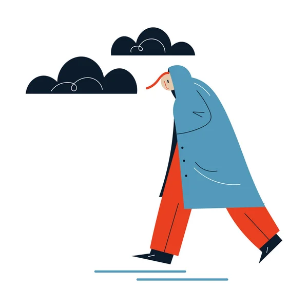 Mann im Regenmantel eilt bei Regen im Herbst herbei — Stockvektor