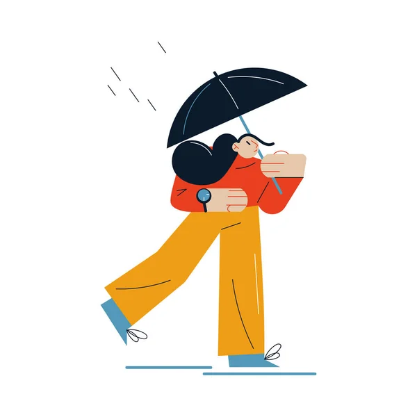 Ung kvinna går med paraply under regn på hösten — Stock vektor