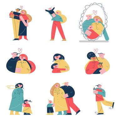 Bir grup mutlu aile. Birbirlerine bakan ve birlikte vakit geçiren çocuklar.