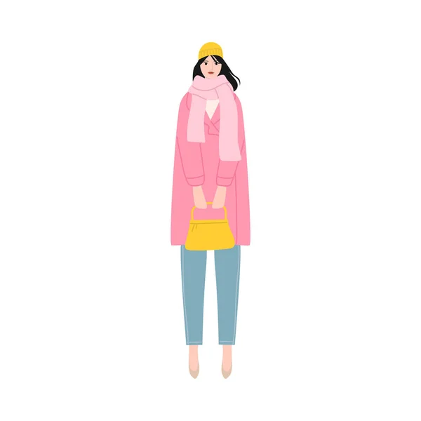 Chica morena con elegante abrigo rosa cómodo y accesorios brillantes durante el otoño — Vector de stock