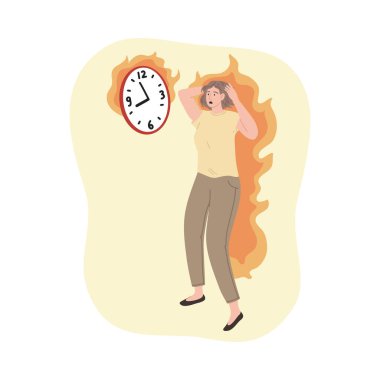 Stresli yanık kadın, saate bakıyor ve geç kalıyor.