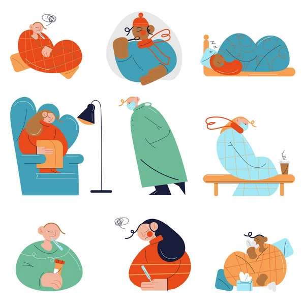 Menschen mit hoher Körpertemperatur fühlen sich bei Erkältung oder Grippe krank — Stockvektor