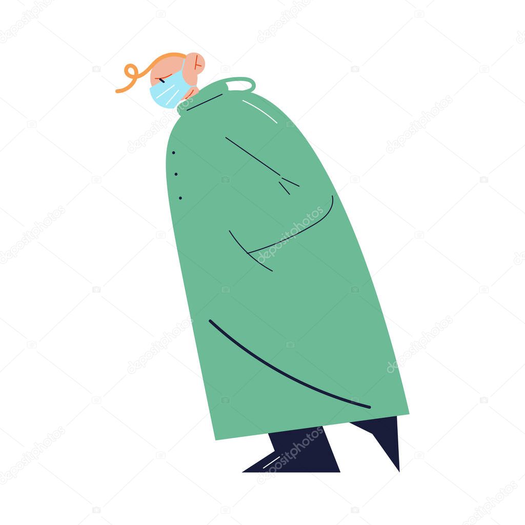 Depressed man in protective mask walking and feeling ill