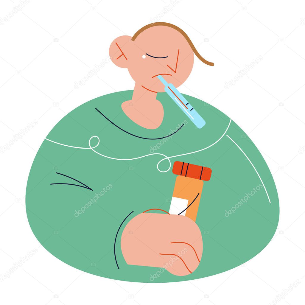Depressed man measuring body temperature and taking pills during cold