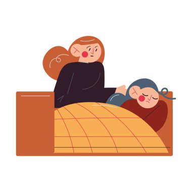 Endişeli genç anne hasta kızını evde kucaklıyor.