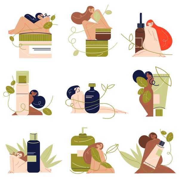 Set of women using natural organic cosmetics for skincare and bodycare — Stock Vector